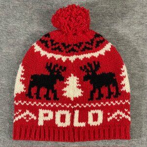 Vintage Polo Ralph Lauren Red USA Flag Moose Knit Wool Pom-Pom Beanie Hat One Sz